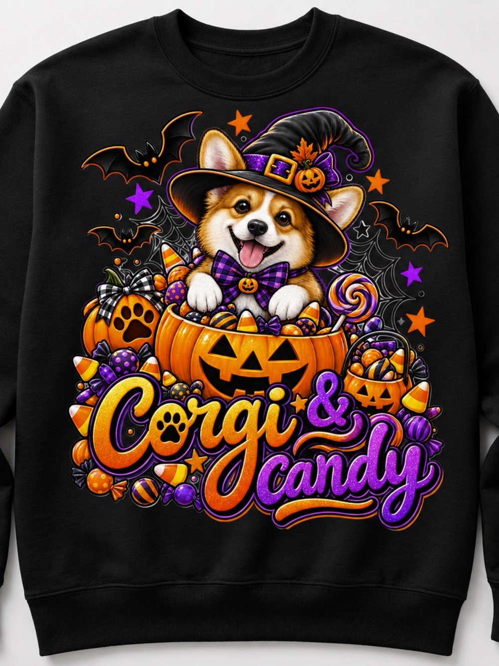 Halloween Corgi & Candy Graphic Sweatshirt - Black, Orange & Purple Adult UniSex